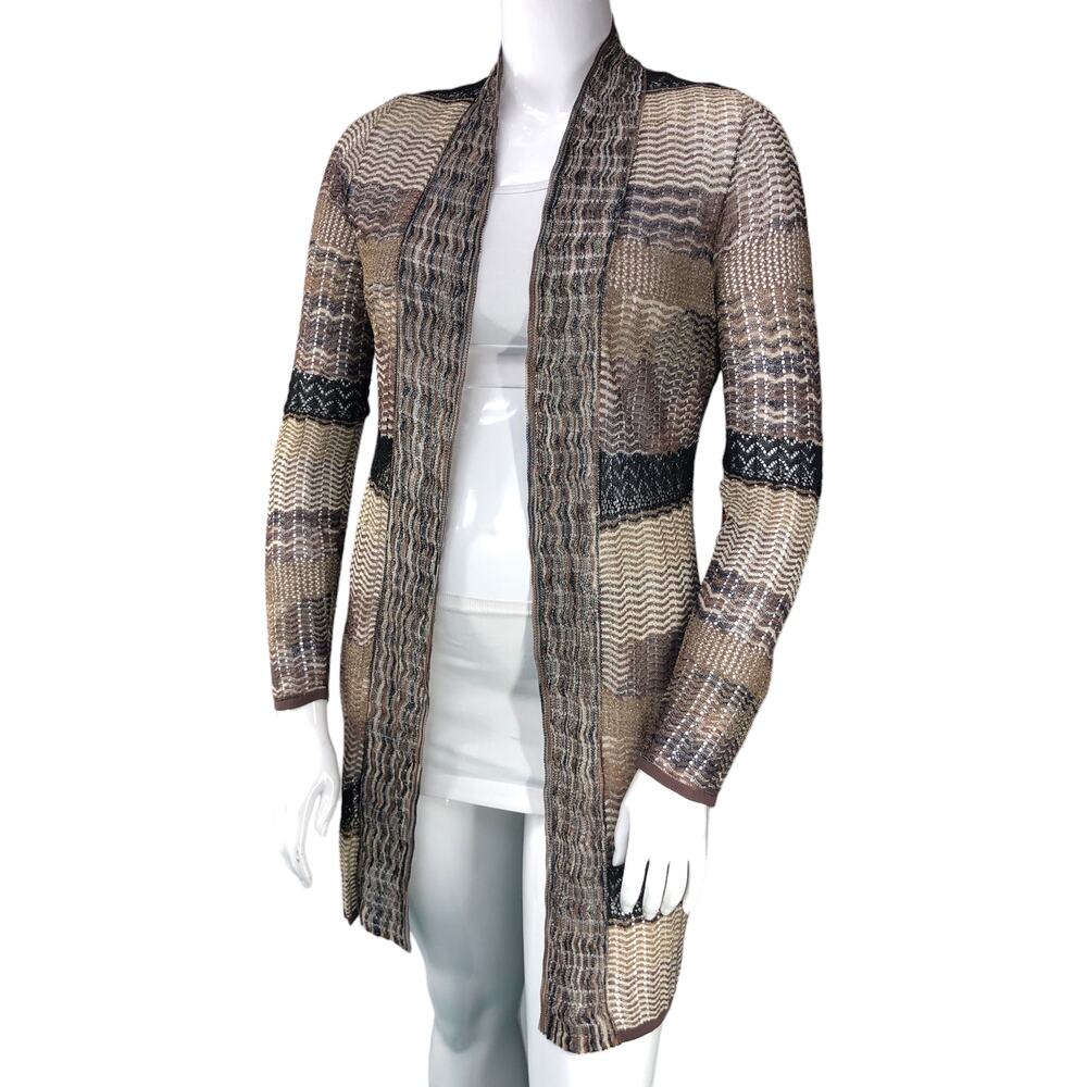 Chicos Womens Size 1 US 8 Cardigan Sweater Striped Long Sleeve Brown